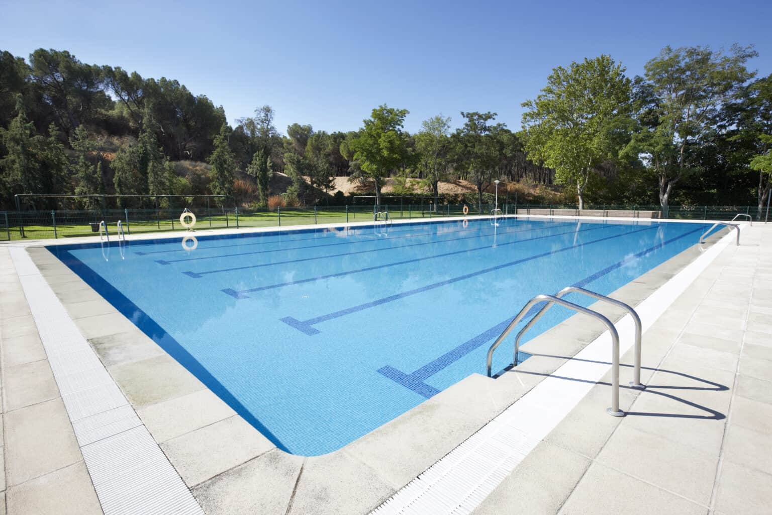 outdoor swimming pool surrounded by trees. recreation area. copy