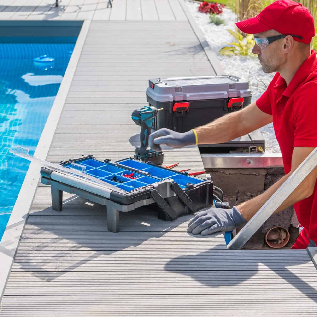 outdoor pool maintenance service worker