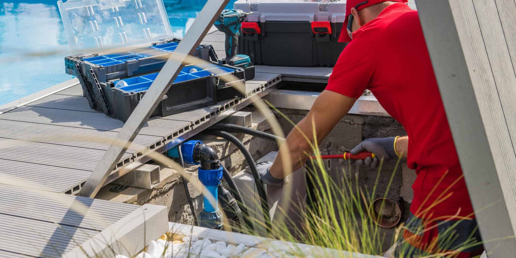 Closeup of Caucasian Professional Worker in Red Uniform Fixing Outdoor Swimming Pool Heating System Using Different Tools. Side View.
